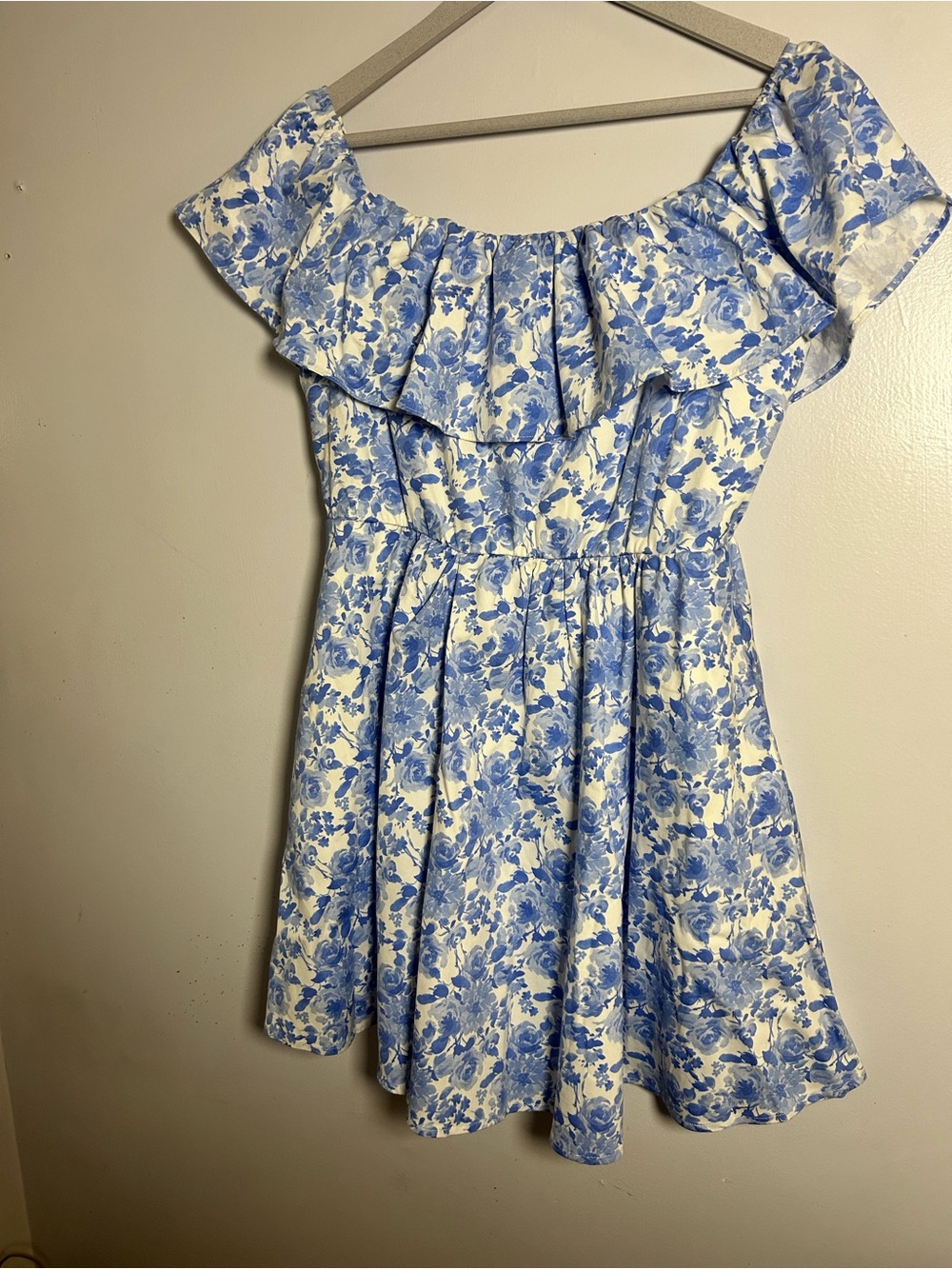 Altar'd State Blue and White Floral Off-Shoulder Ruffle Mini Dress